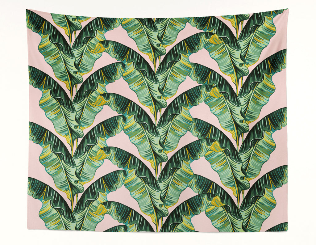 Banana Leaves Pink Wall Tapestry