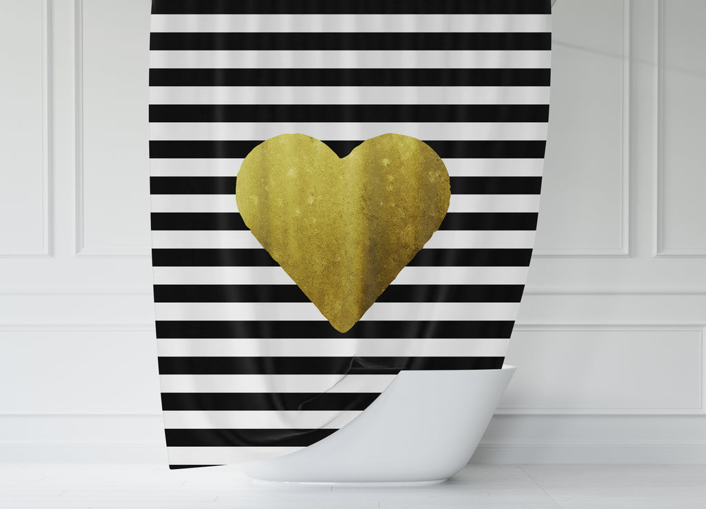 Gold Heart and Black and White Stripes Shower Curtain