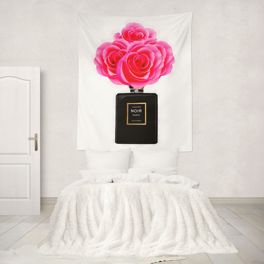 Paris Noir and Pink Roses Floral Wall Tapestry